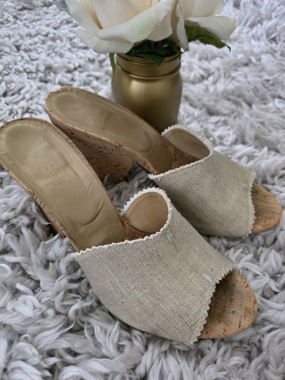 Stuart Weitzman Beige Cork Wedge Mules